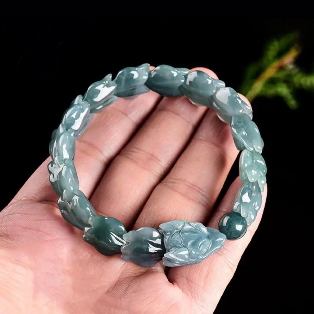 Hand-Carved Blue Myanmar Jadeite Bracelet - Long and Pearl Motif, Natural Gemstone