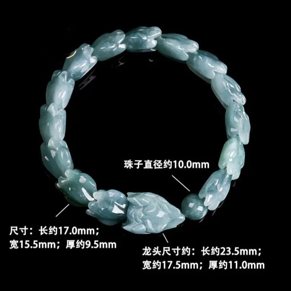 Hand-Carved Blue Myanmar Jadeite Bracelet - Long and Pearl Motif, Natural Gemstone