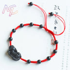 Obsidian Pixiu Rope Bracelet-Attracts Wealth & Brings Protection
