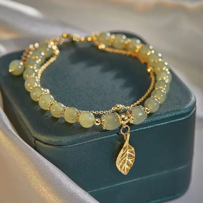 Lucky Golden Leaf Green Jade Bracelet - Brings Blessings