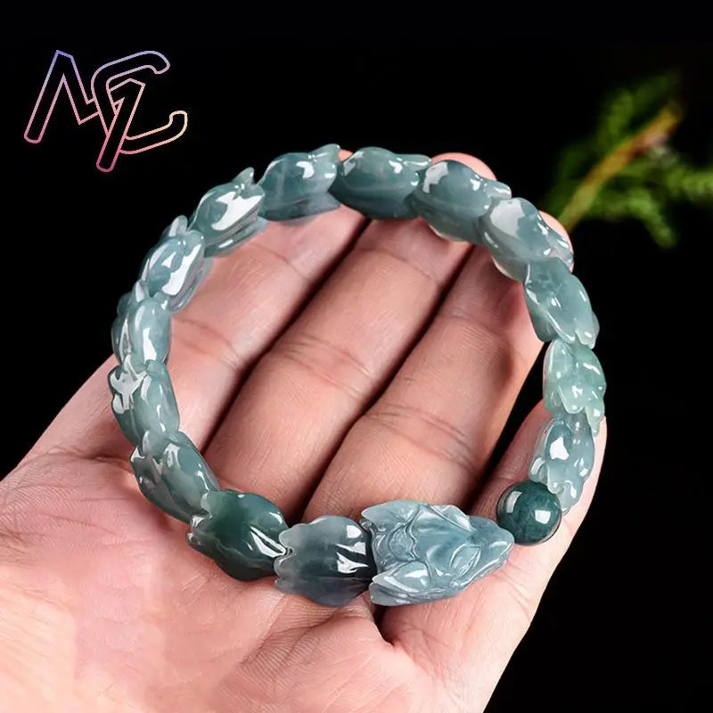 Amulet/Spiritual Totem Blue Myanmar Jadeite Carved Long Playing with a Pearl Bracelet