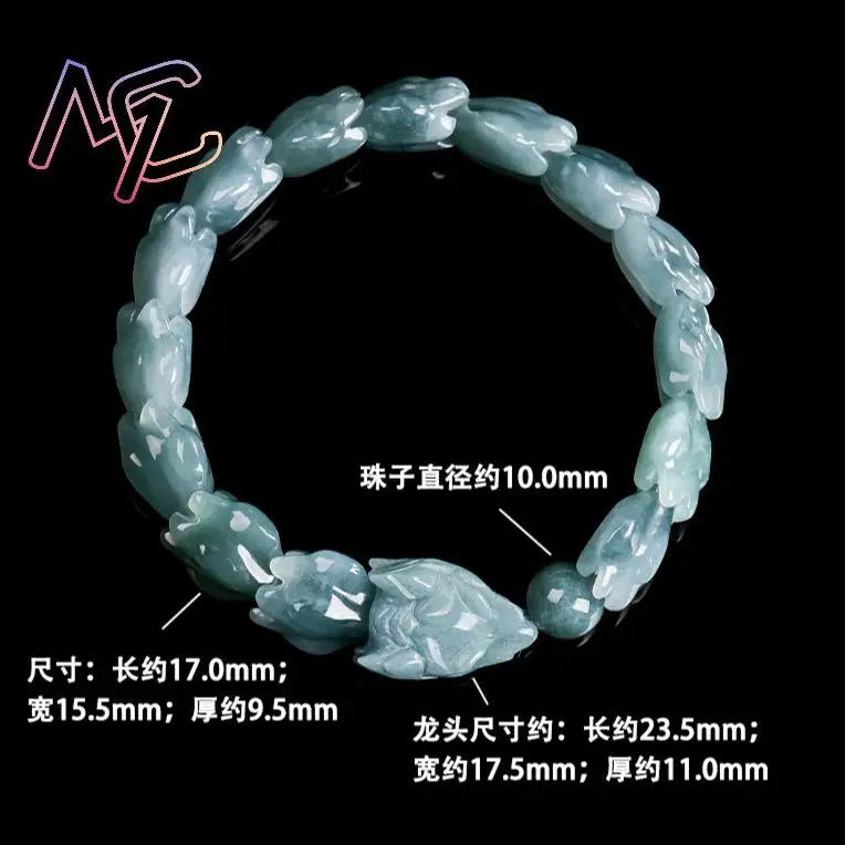 Amulet/Spiritual Totem Blue Myanmar Jadeite Carved Long Playing with a Pearl Bracelet