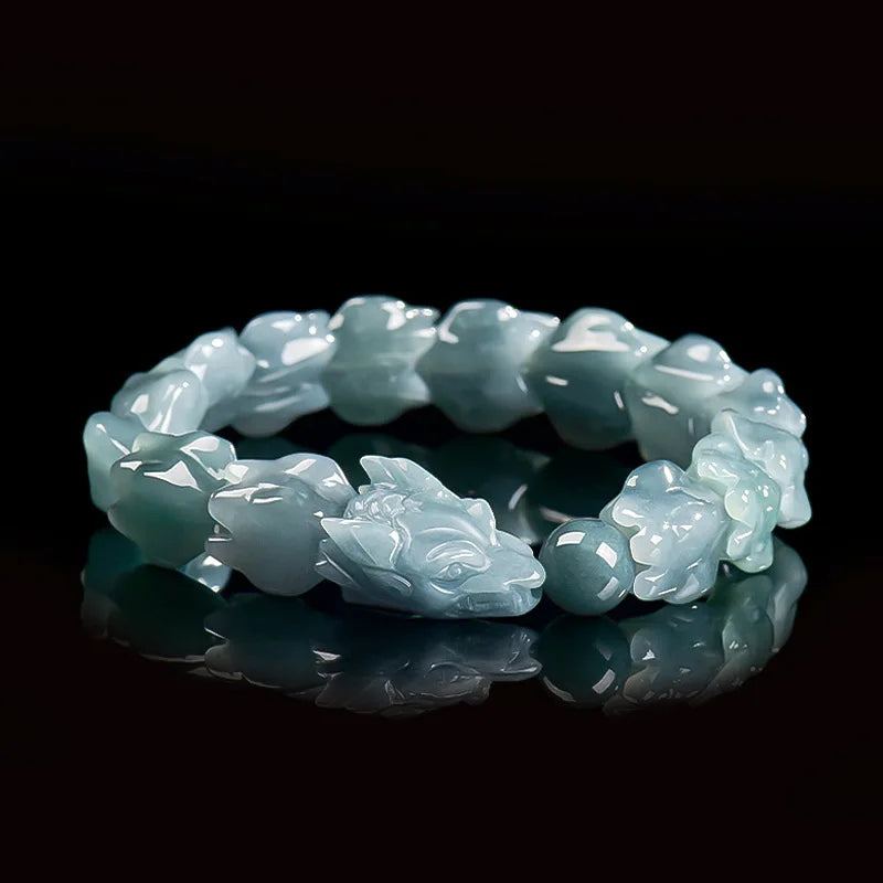 Amulet/Spiritual Totem Blue Myanmar Jadeite Carved Long Playing with a Pearl Bracelet