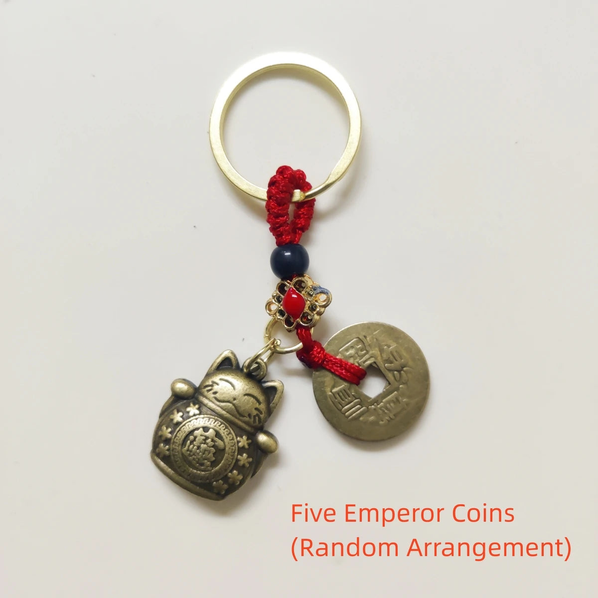 Handmade Fengshui Lucky Cat and Five Emperors Coins Keychain - Attracts Wealth