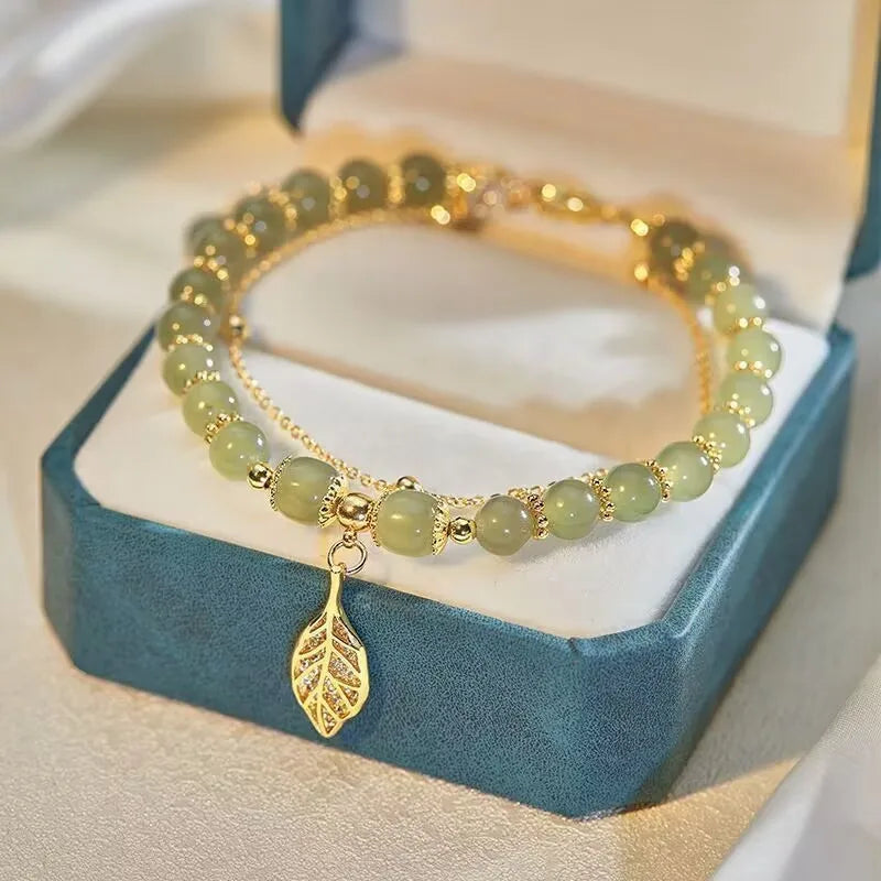 Lucky Golden Leaf Green Jade Bracelet - Brings Blessings