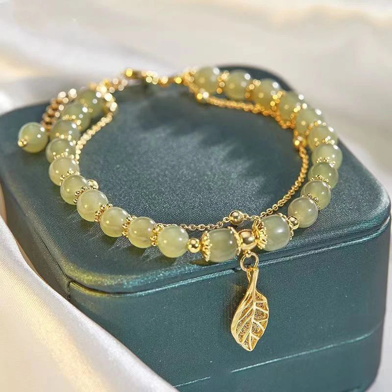 Lucky Golden Leaf Green Jade Bracelet - Brings Blessings