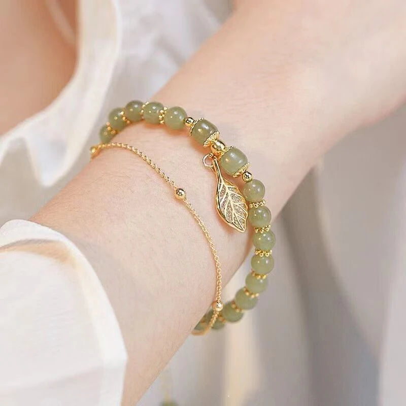 Lucky Golden Leaf Green Jade Bracelet - Brings Blessings