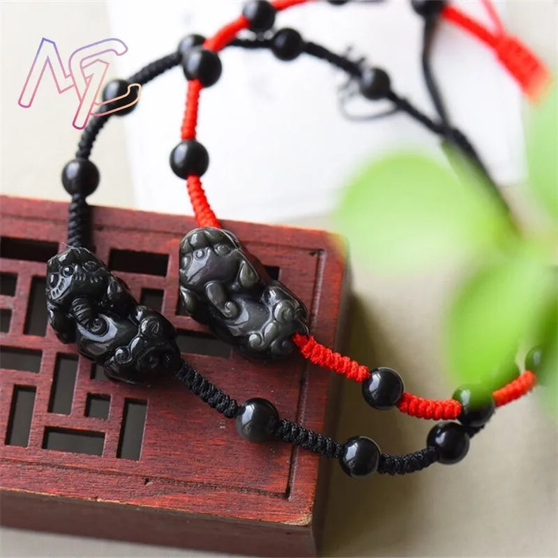 Obsidian Pixiu Rope Bracelet-Attracts Wealth & Brings Protection