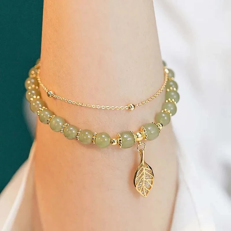 Lucky Golden Leaf Green Jade Bracelet - Brings Blessings