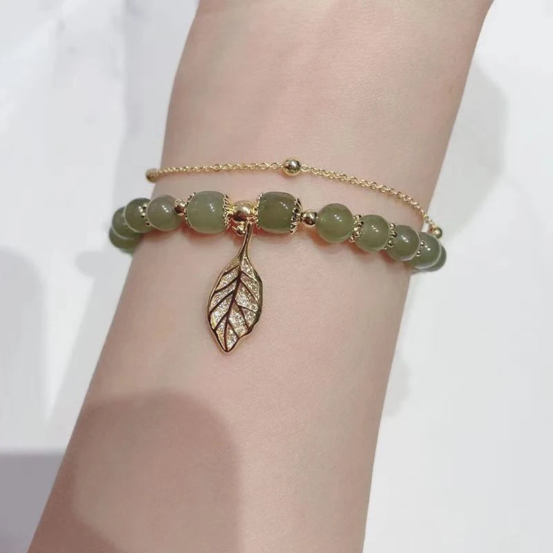 Lucky Golden Leaf Green Jade Bracelet - Brings Blessings