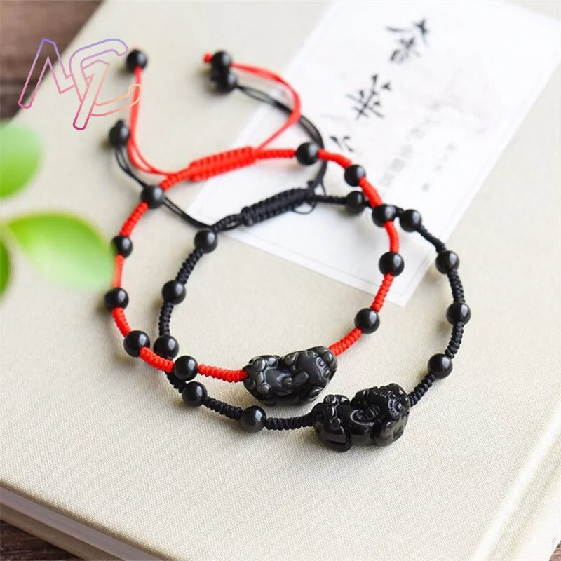 Obsidian Pixiu Rope Bracelet-Attracts Wealth & Brings Protection