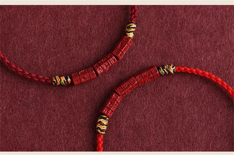 Cinnabar and Sanskrit Six-Syllable Mantra Red String Bracelet - Brings Protection, Wisdom, and Faith.