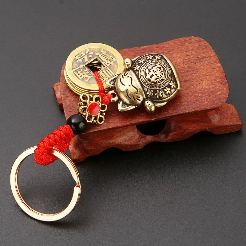 Handmade Fengshui Lucky Cat and Five Emperors Coins Keychain - Attracts Wealth