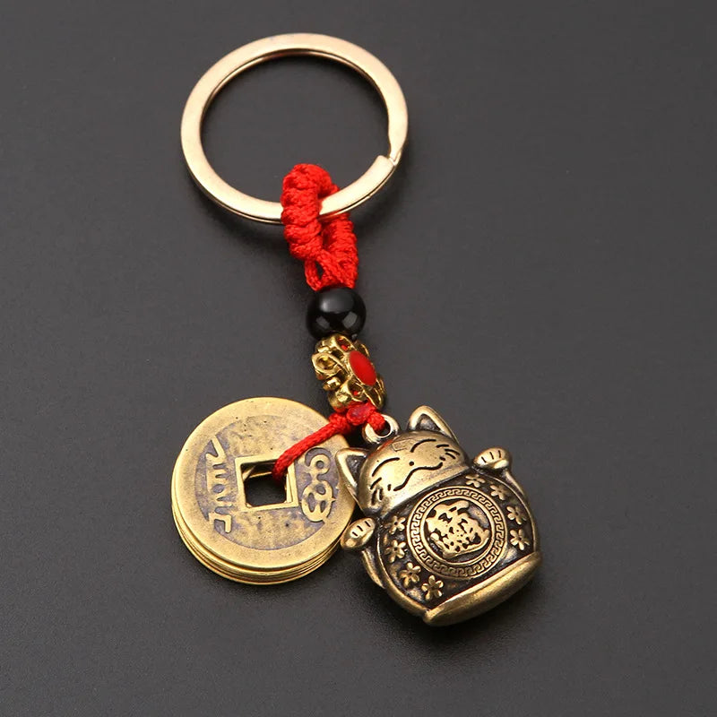 Handmade Fengshui Lucky Cat and Five Emperors Coins Keychain - Attracts Wealth