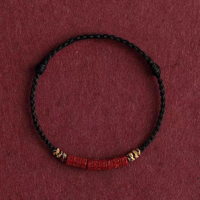 Cinnabar and Sanskrit Six-Syllable Mantra Red String Bracelet - Brings Protection, Wisdom, and Faith.