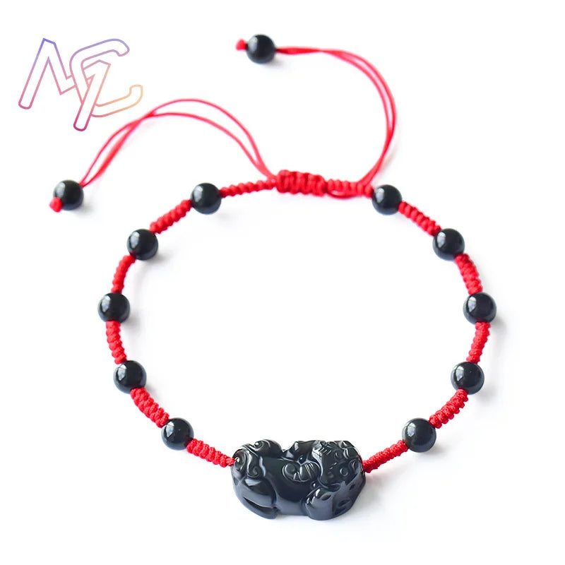 Obsidian Pixiu Rope Bracelet-Attracts Wealth & Brings Protection