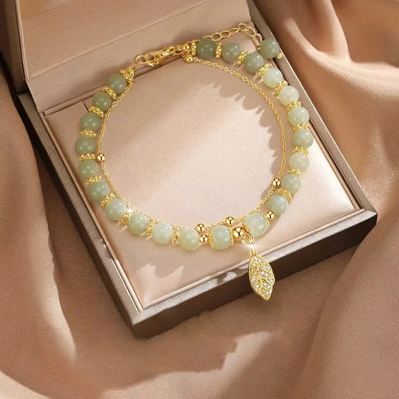 Lucky Golden Leaf Green Jade Bracelet - Brings Blessings