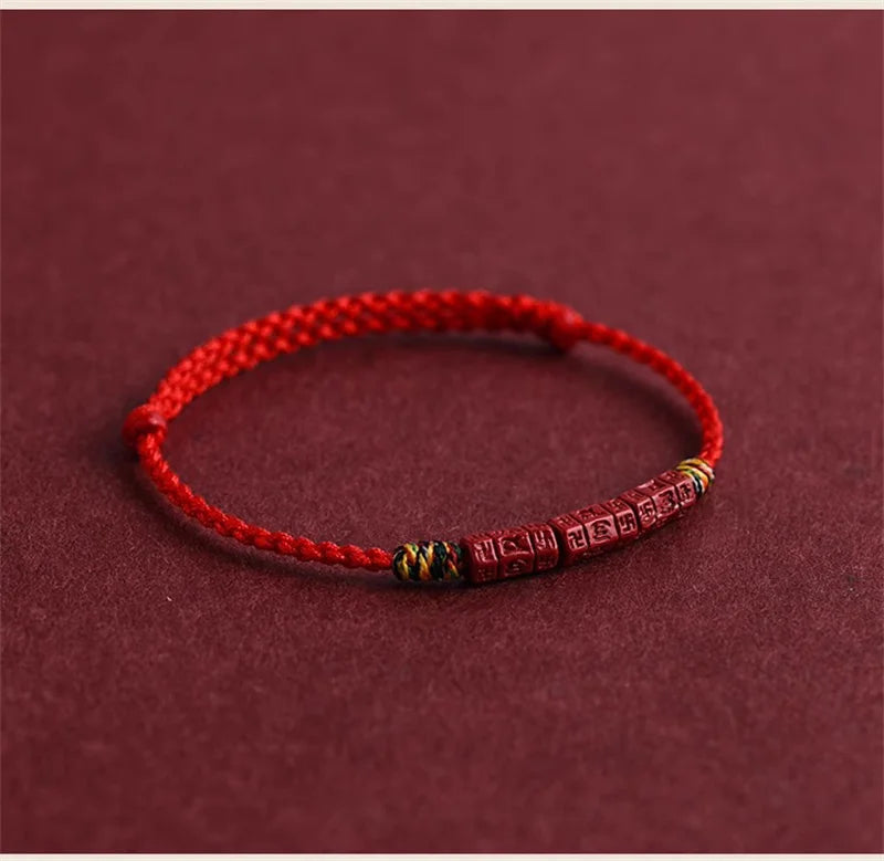 Cinnabar and Sanskrit Six-Syllable Mantra Red String Bracelet - Brings Protection, Wisdom, and Faith.