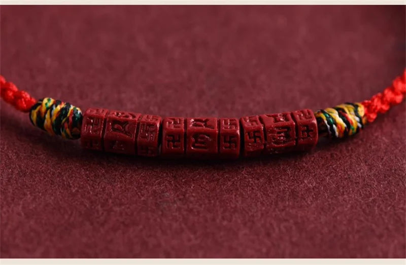 Cinnabar and Sanskrit Six-Syllable Mantra Red String Bracelet - Brings Protection, Wisdom, and Faith.