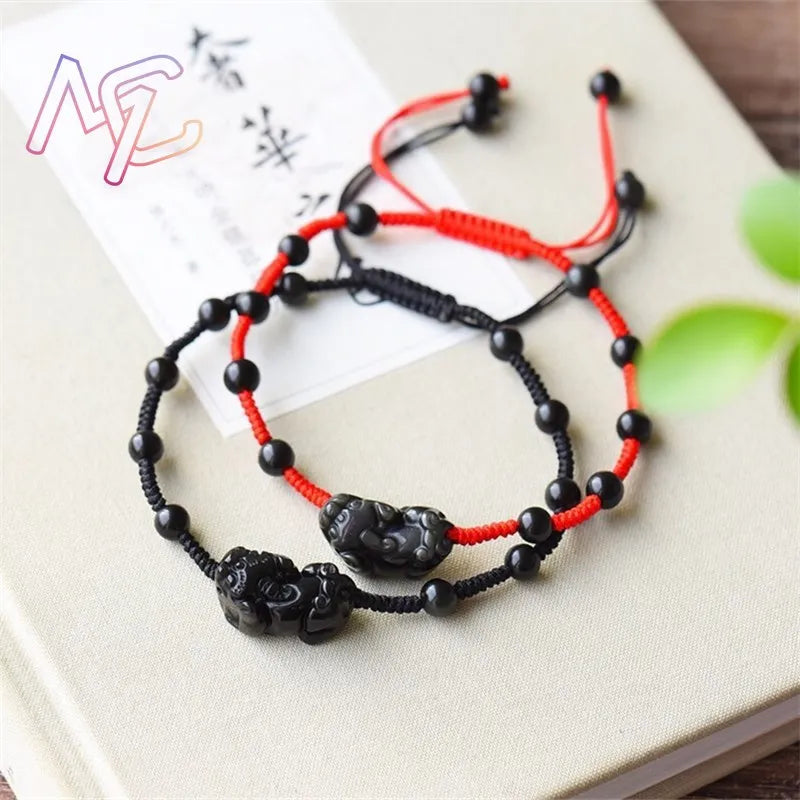 Obsidian Pixiu Rope Bracelet-Attracts Wealth & Brings Protection